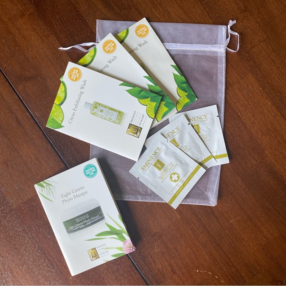 Éminence organic skincare samples wash, eye cream, and masque